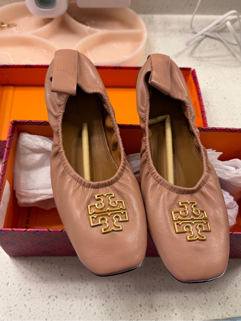 Tory Burch Blush Pink Nappa Logo Ballet Flats